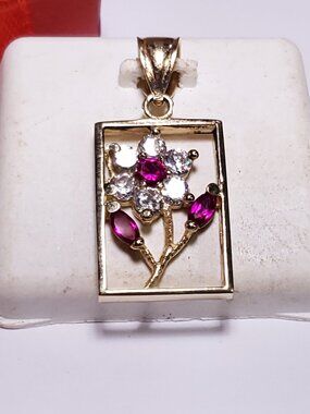 Estate 1.25ctw Lab Created Ruby & CZ Flower Framed 14Kt Yellow Gold Pendant24656